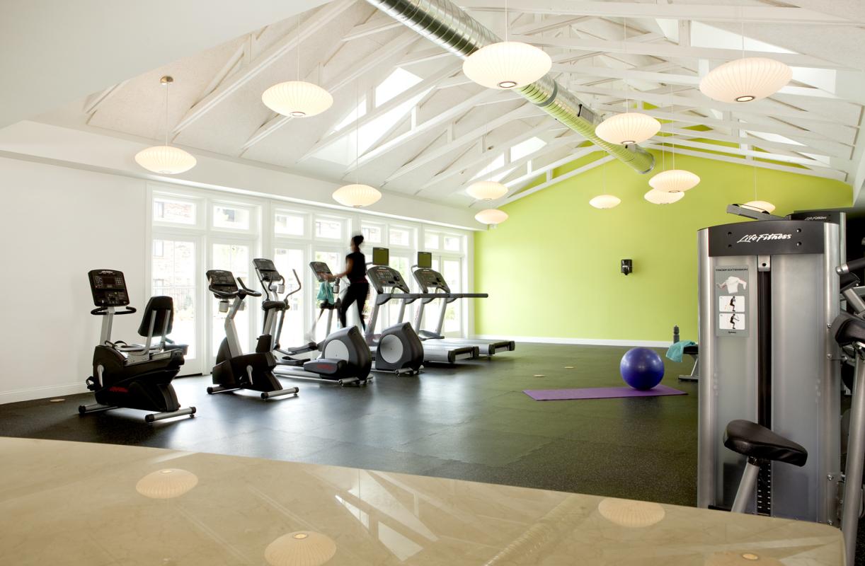 Exercise room with vaulted ceiling