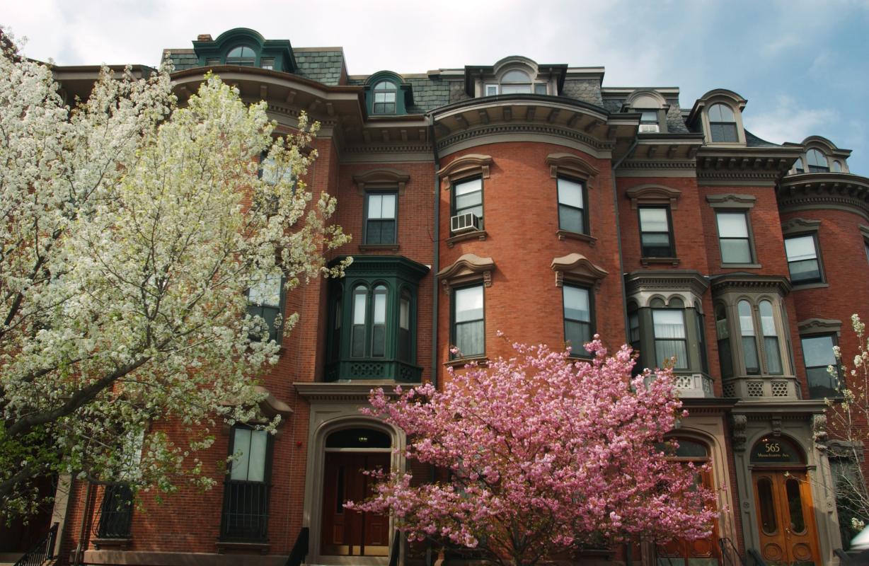 Front exterior of building with flowering trees