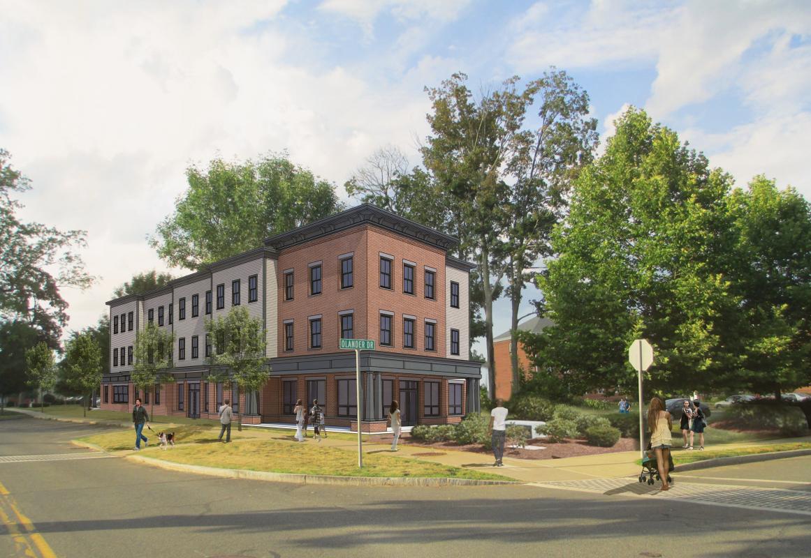 Rendering of overall view of mixed-use building from street corner
