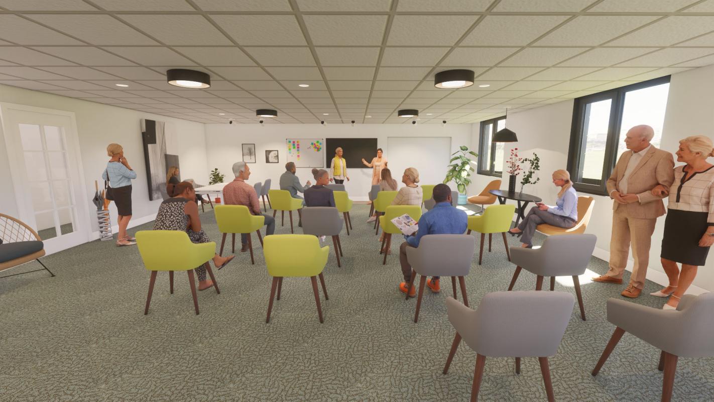 Rendering of activity room with people seated and standing.