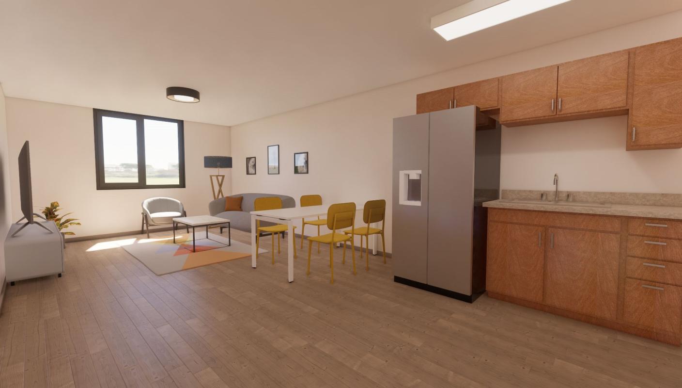 Rendering of living and dining areas and kitchen in unit.
