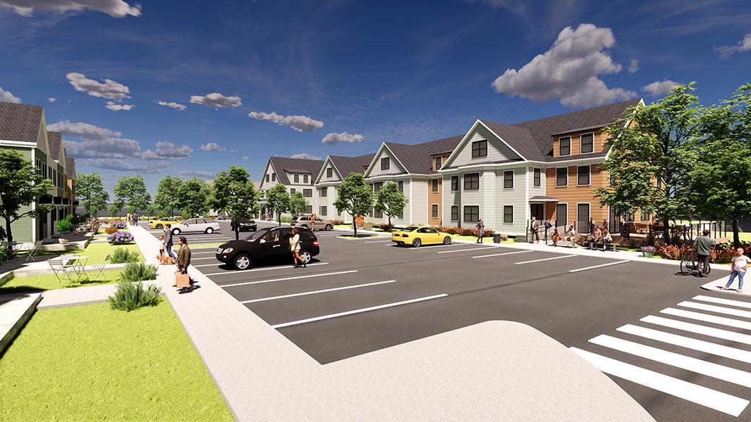 Rendering of townhouses and community apartments surrounding parking lot with yards in between.