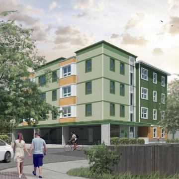 New Squirrelwood building - rendering of exterior view from street corner