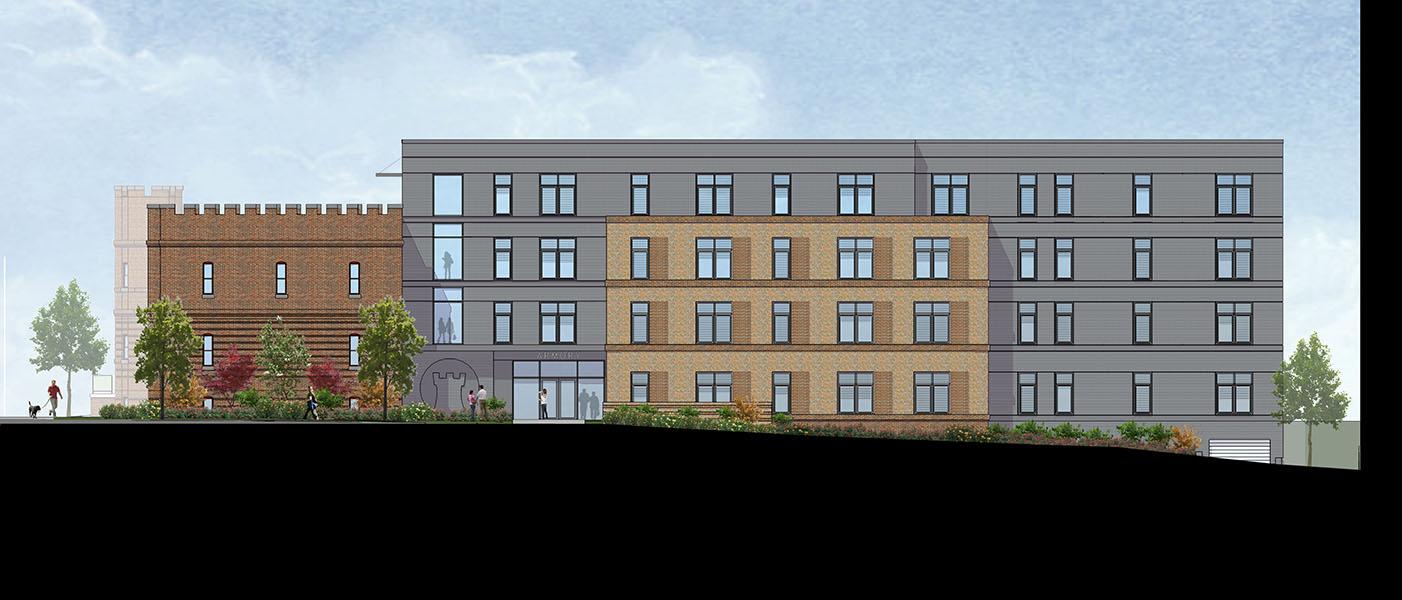 Elevation rendering of new addition extending behind existing armory.