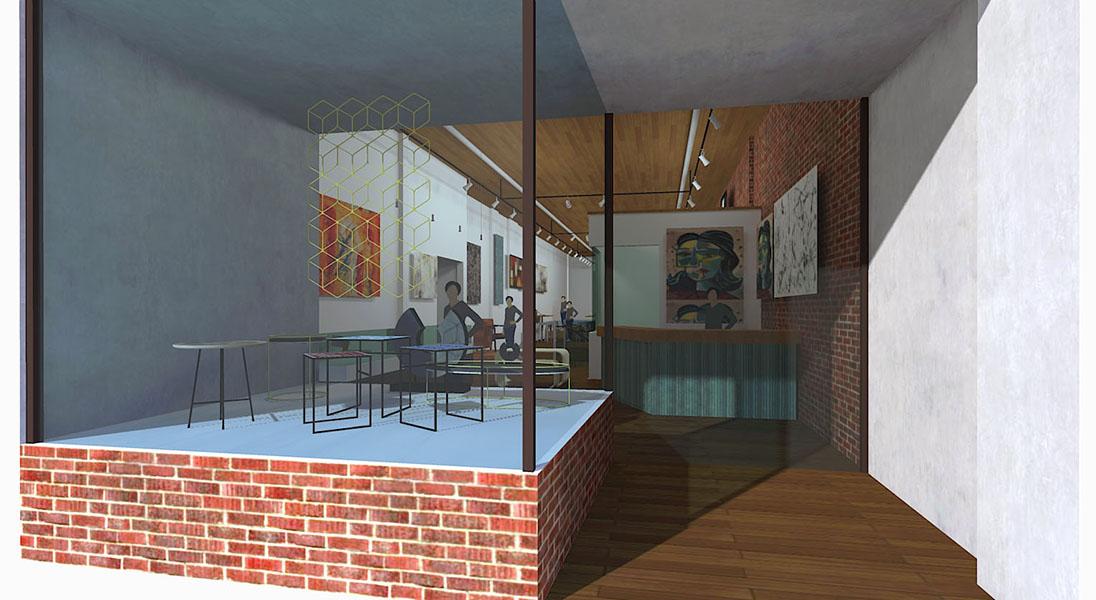 Rendering of storefront from street with view of art gallery space inside.