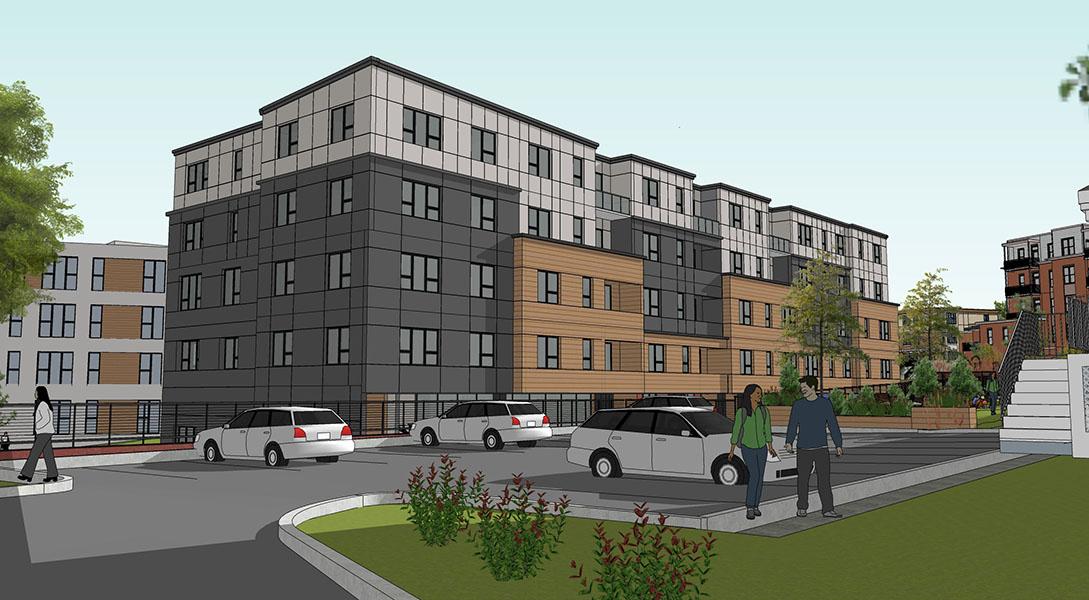 Rendering of rear facade with parking area in foreground.
