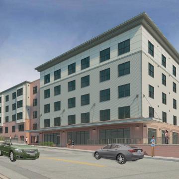 Rendering of front exterior view along street, showing sidewalk canopy