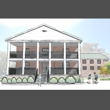 Rendering of front facade, a gable end with two porch levels.